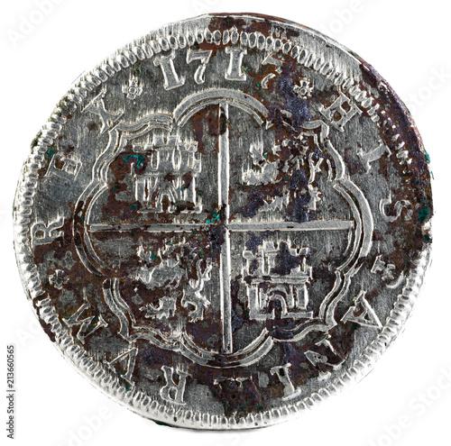 Ancient Spanish silver coin of the King Felipe V. 1717. Coined in Segovia. 2 reales. Reverse. photo