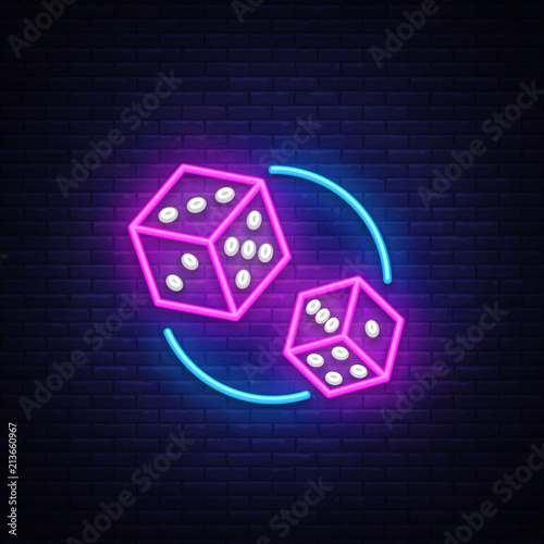 Dice Neon sign vector design template. Dice Game symbols neon logo, light banner design element colorful modern design trend, night bright advertising, bright sign. Vector illustration
