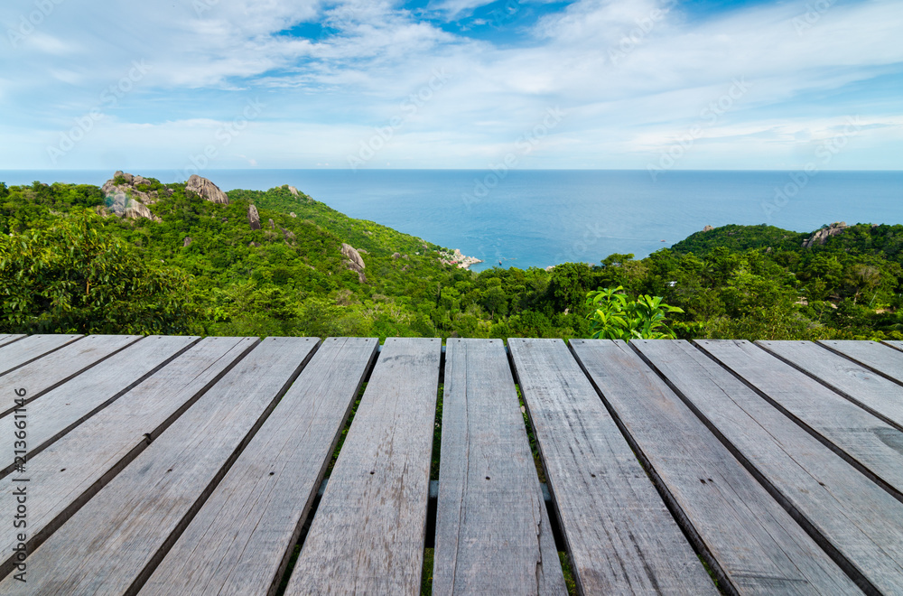 wood porch in foreground and see beautiful sea view in koh tao, thailand wood porch in foreground and see beautiful sea view in koh tao, thailand