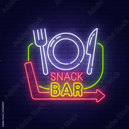 Snack bar neon sign, bright signboard, light banner. Cafe and restaurant logo, emblem. Vector illustration