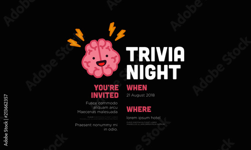 Trivia Night Poster with Brain Cartoon Vector Illustration with Text Template
