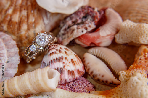 Macro shot of a diamond and filigree wedding ring nestled amongst colorful seashells.