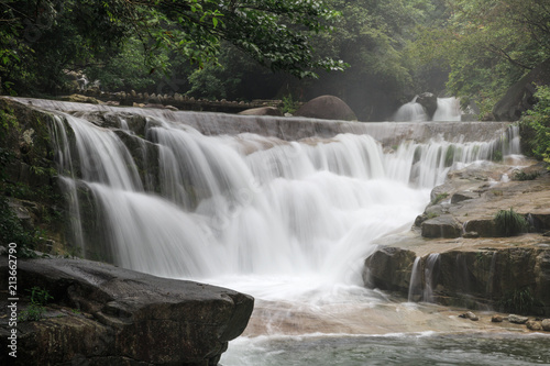 July 2018, Wuyuan, China. Waterfall, flowing water, stream, landscape photo, rocks, long exposure, close up. 