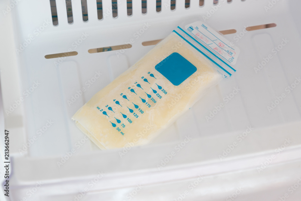 breast milk in plastic bag on refrigerator shelf, frozen mother milk for infant, breastfeeding breast milk in plastic bag on refrigerator shelf, frozen mother milk for infant, breastfeeding