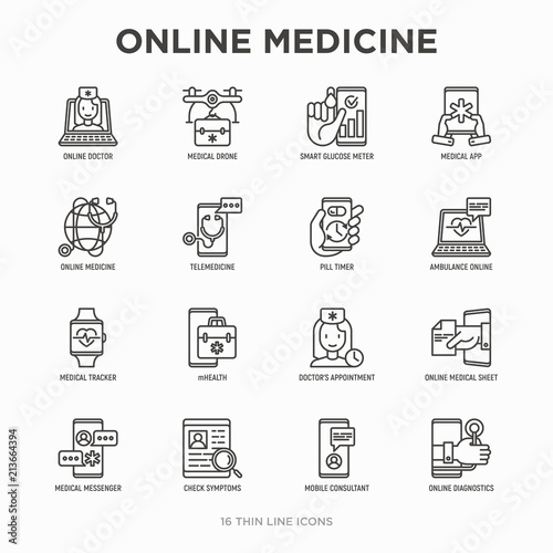 Online medicine, telemedicine thin line icons set: pill timer, ambulance online, medical drone, medical tracker, mHealth, messenger, check symptomps, mobile consultant. Modern vector illustration.
