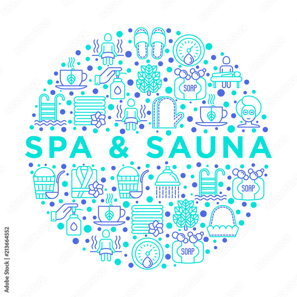 Spa & sauna concept in circle with thin line icons: massage oil, towels, steam room, shower, soap, pail and ladle, hygrometer, swimming pool, herbal tea, birch, whisk. Vector illustration.