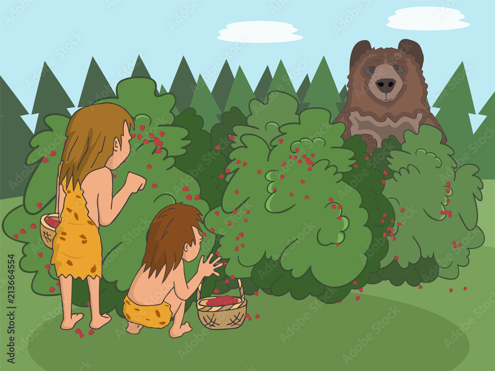 Fototapeta premium foraging in prehistory funny cartoon