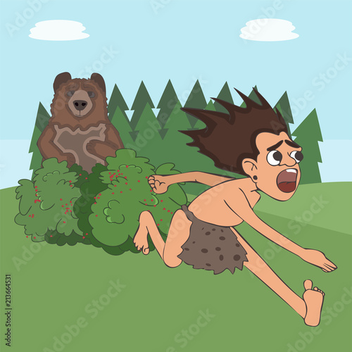 caveman escaping the bear funny cartoon