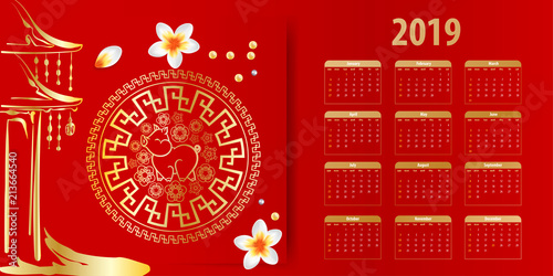 Template chinese new year calendar 2019. Week year month date mockup. Yellow pig traditional symbol on red background. Golden decor vector. Sakura flower pearl on pagoda.