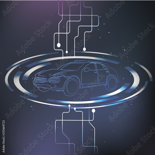 Autonomous Smart car interior. A woman rides a autonomous car in the city on the highway. The display shows information about the vehicle is moving, GPS, travel time, Assistance app. Future concept.