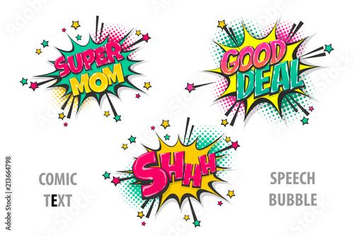 Super mom shh good deal pop art style set hand drawn sound effects template comics book text speech bubble. Halftone dot background.