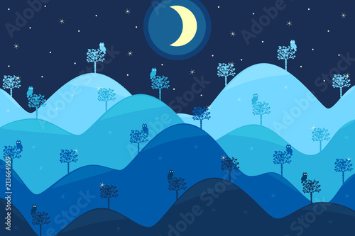 Abstract night landscape with hills, owls on trees and night sky with moonlight. Vector illustration. EPS 10