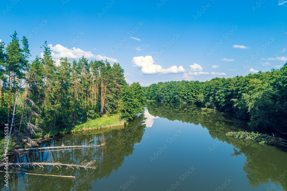 Aerial view of the calm lake in the forest. Beautiful wilderness