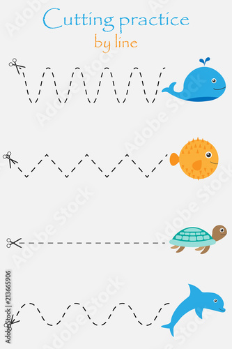 Ocean animals (puffer fish, turtle, wheel, dolphin) in cartoon style, education cut game for the development of preschool children, use scissors, cutting practice by line, vector illustration