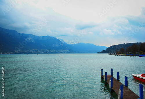 Beautiful Annecy landscape. Rainy day Blue lake and mountains