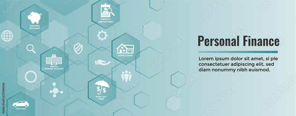 Personal Finance Web Header Banner with Rainy Day fund, cash reserves, savings account, hsa, and mortgage loan icon set