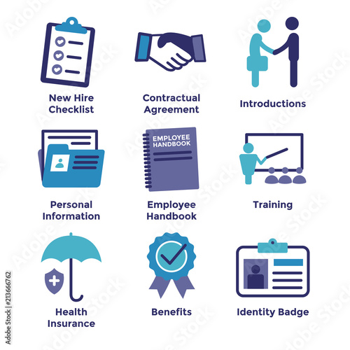 New Employee Hiring Process icon set   w checklist, handshake, training, etc