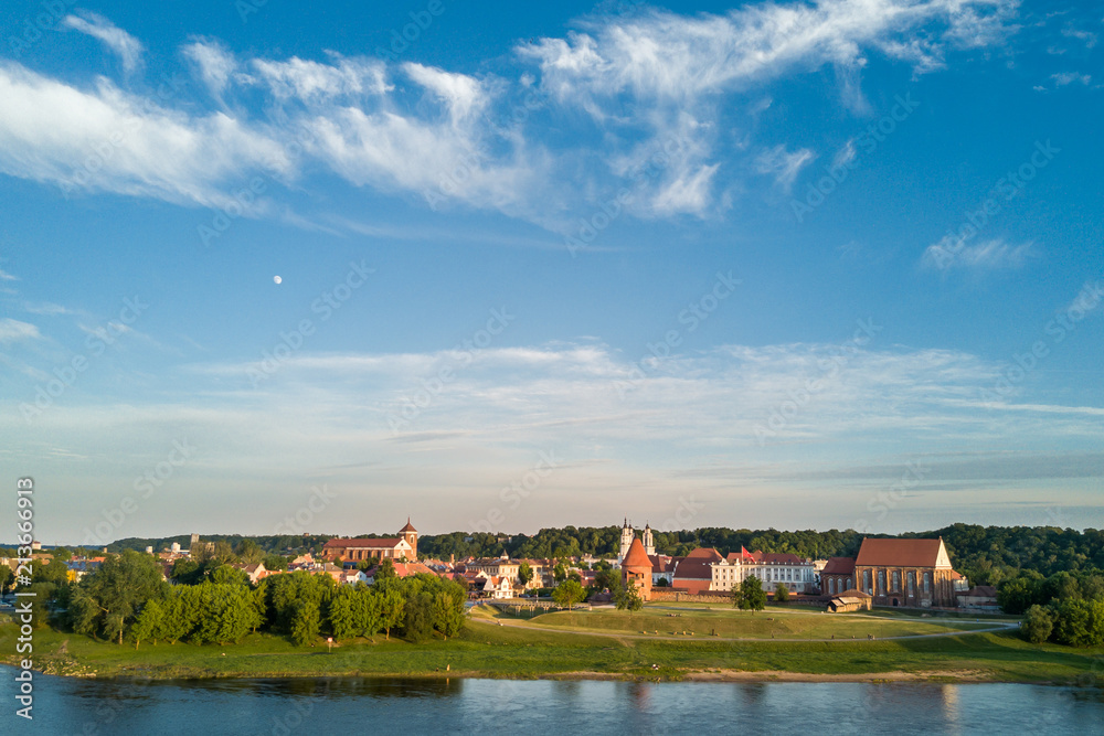 Aerial view of Kaunas city center. Kaunas is the second-largest city in country and has historically been a leading centre of economic, academic, and cultural