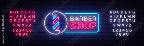 Barber Shop neon sign vector. Barber Shop Design template neon sign, light banner, neon signboard, nightly bright advertising, light inscription. Vector illustration. Editing text neon sign