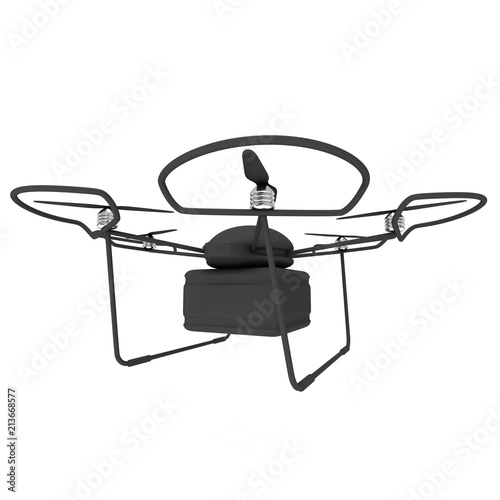 Remote control air drone. Dron flying with cargo box. 3d render isolated on white