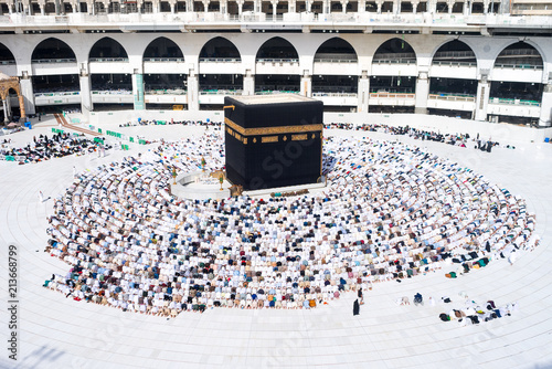 MECCA, SAUDI ARABIA - MAY 05 2018: Prayer time Asr in Mecca. People making salat or salah around Holy Kaaba. Photo taken during the praying at position Sujood from the top of Al Masjid Al Haram Mosque