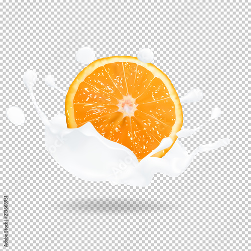 Orange fruit  in a milk splas. 3d  vector realistic illustration