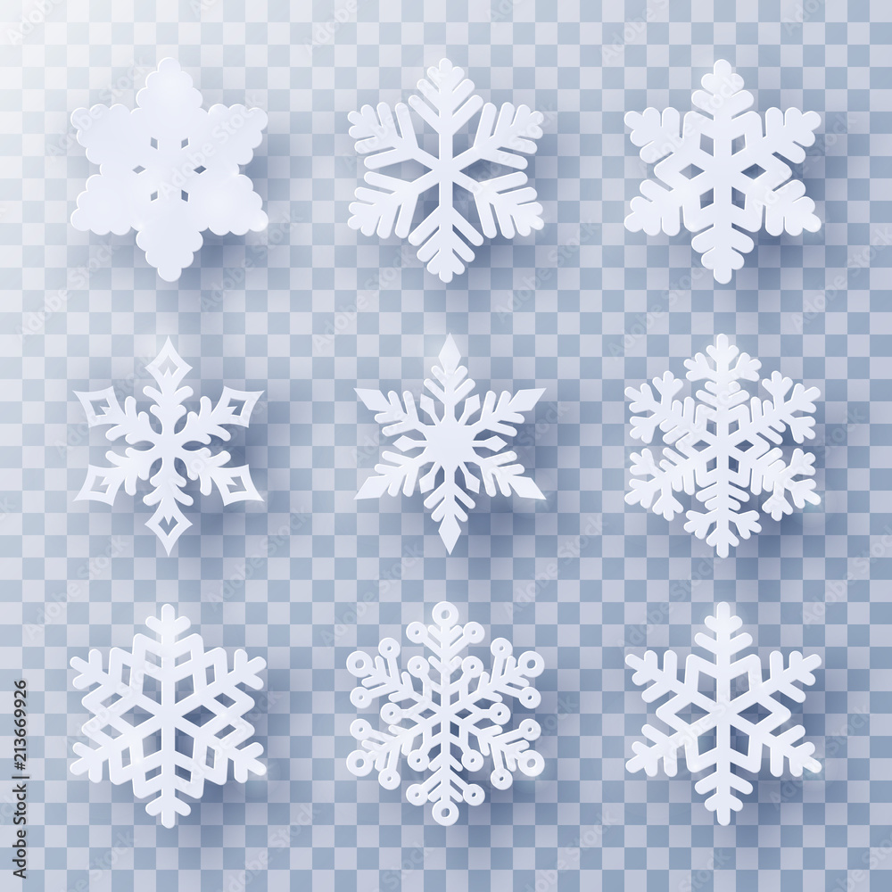 Vector set of 9 white Christmas paper cut snowflakes with shadow on transparent background. New year and Christmas design elements