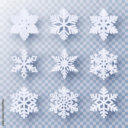 Vector set of 9 white Christmas paper cut snowflakes with shadow on transparent background. New year and Christmas design elements