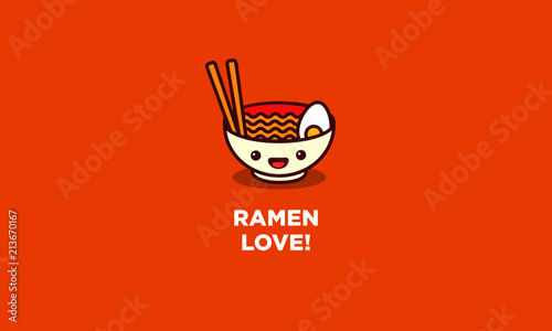 Ramen Bowl Love Poster Vector Illustration in Flat Style Line Art