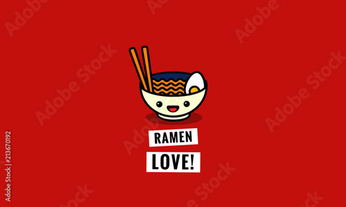 Ramen Bowl Love Poster Vector Illustration in Flat Style Line Art