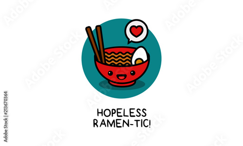 Hopeless Ramentic Ramen Bowl Pun Poster Vector Illustration in Flat Style Line Art