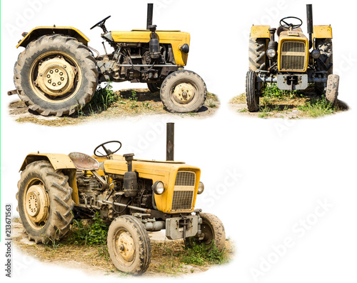 An old tractor produced in the 70s of the 20th century. Three isolated photos. Front,side and general view of the machine. Equipment for a dairy farm.