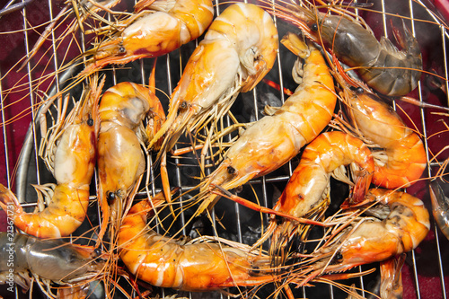 Thai recipes seafood Grilled river shrimps fresh on the stove.