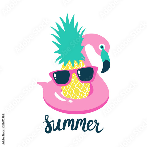 Summer poster pool floating with flamingo and pineapple. Vector illustration