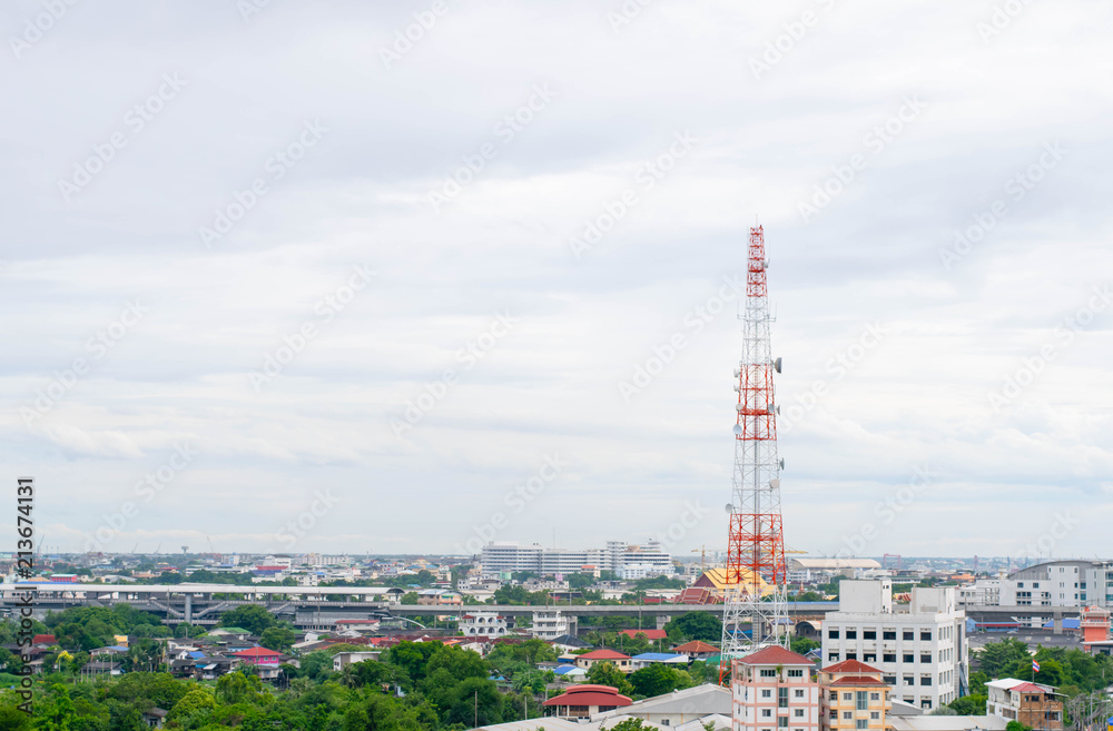 antenna tower for communication with city view