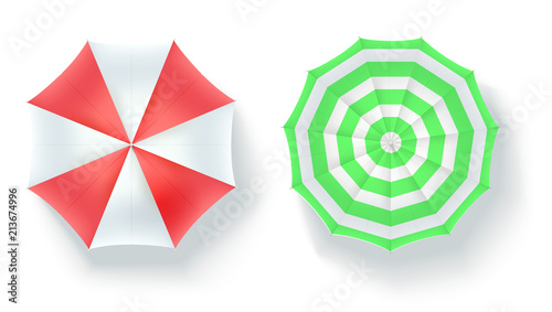 Set of multi colored beach umbrellas, top view. Icons of open parasols isolated on white background. Vector 3D illustration of summer holidays objects on sunny beach, flat lay