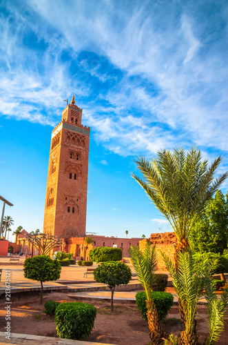 Koutoubia Mosque minaret in old medina  of Marrakech, Morocco