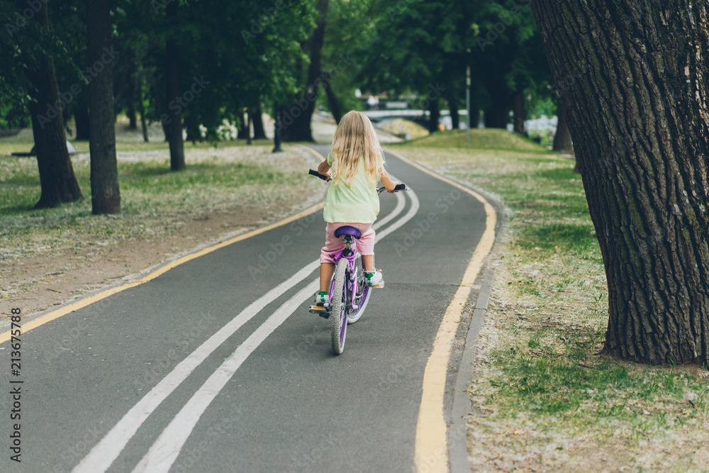 Fototapeta premium back view of blond child riding bicycle on road in park