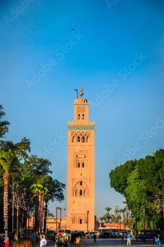 Koutoubia Mosque minaret in old medina  of Marrakech, Morocco