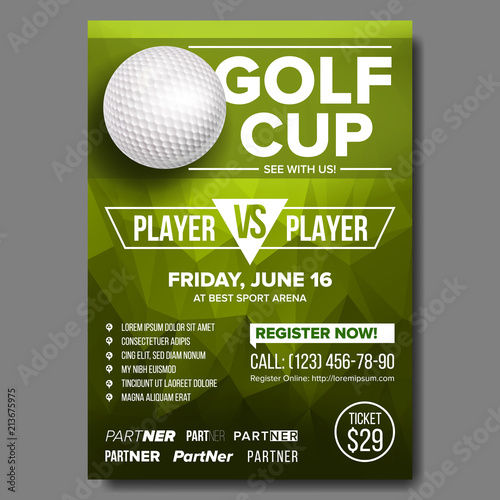 Golf Poster Vector. Golf Ball. Vertical Design For Sport Bar Promotion. Tournament, Championship Flyer Design. Golf Club Flyer. Invitation Label Illustration