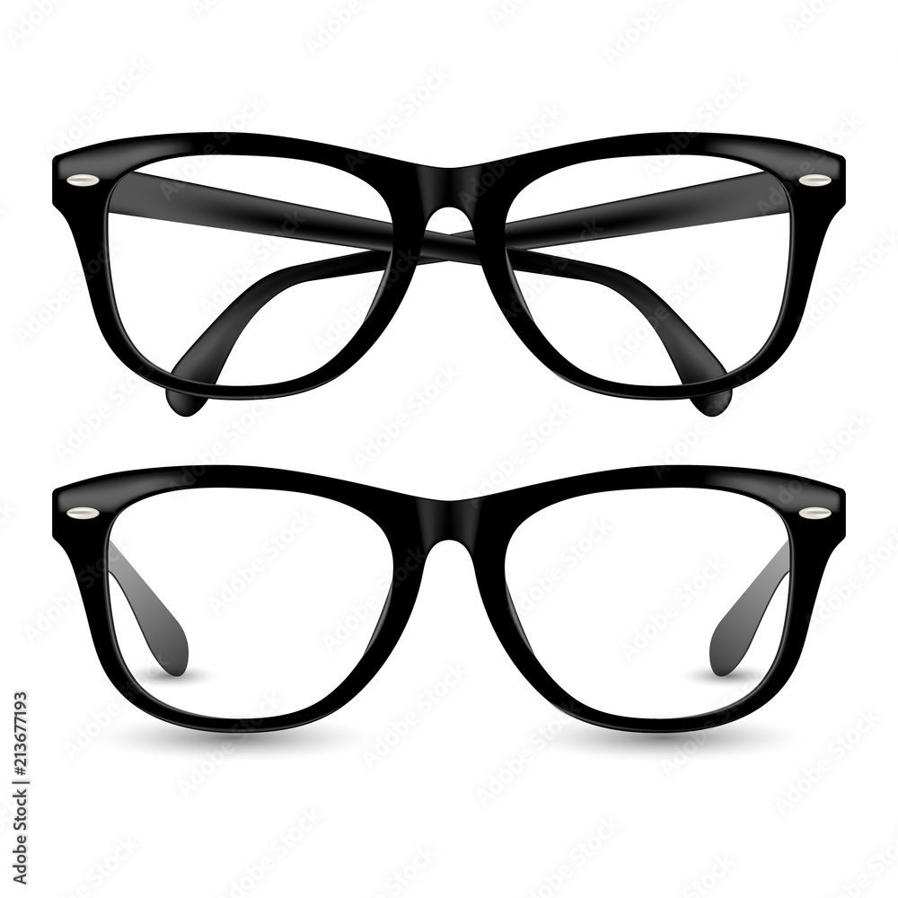 Black realistic glasses frame illustration set. Eyeglasses retro style vector with drop shadow.