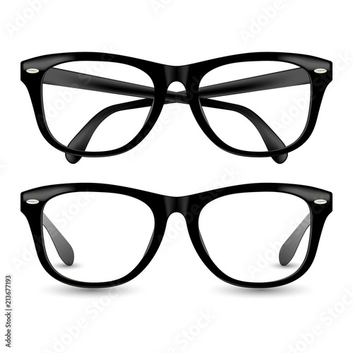 Black realistic glasses frame illustration set. Eyeglasses retro style vector with drop shadow.
