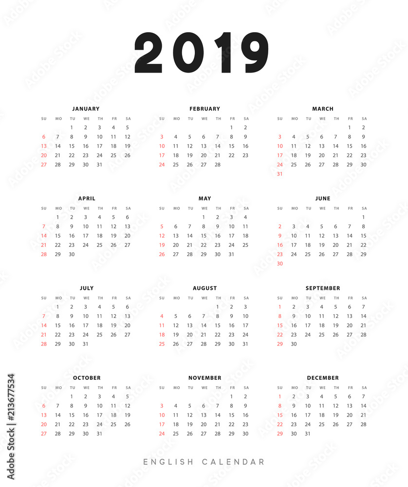 Simple english calendar for 2019 years, Week starts from Sunday. Simple english calendar for 2019 years, Week starts from Sunday.