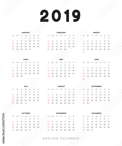 Simple english calendar for 2019 years, Week starts from Sunday.