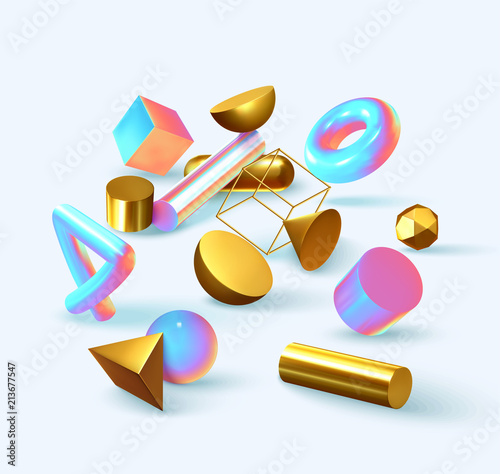 Creative design poster, minimal art trendy vector illustration. Abstract background with shapes 3d. Pattern with geometric figures. Realistic isometric elements of design.