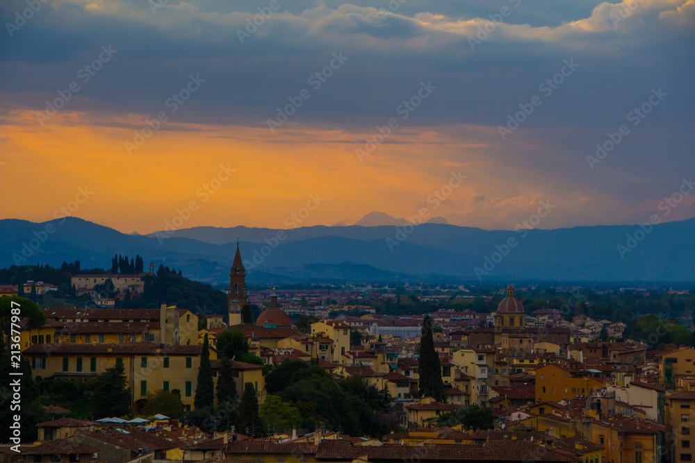 Beautiful sunset over the city Florence. Night cityscape of Florence.