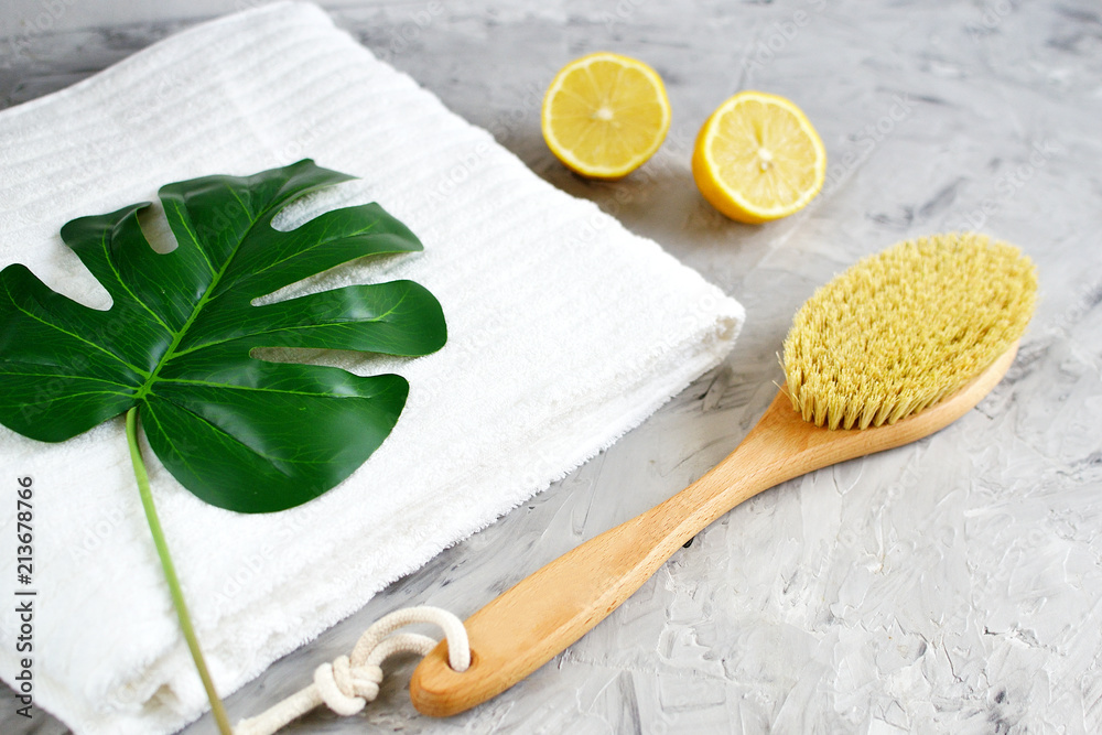 Natural Ingredients for Homemade Body Sea Salt Scrub Lemon Olive Oil White Towel Beauty Concept Skincare Organic Wooden Body Massage Brush Aroma Spa Therapy Natural Ingredients for Homemade Body Sea Salt Scrub Lemon Olive Oil White Towel Beauty Concept Skincare Organic Wooden Body Massage Brush Aroma Spa Therapy