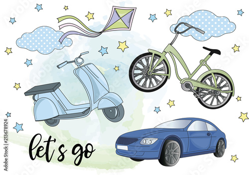 BLYTHE TRANSPORT Color Vector Illustration Set for Scrapbooking and Digital Print on Card And Photo Children’s Albums