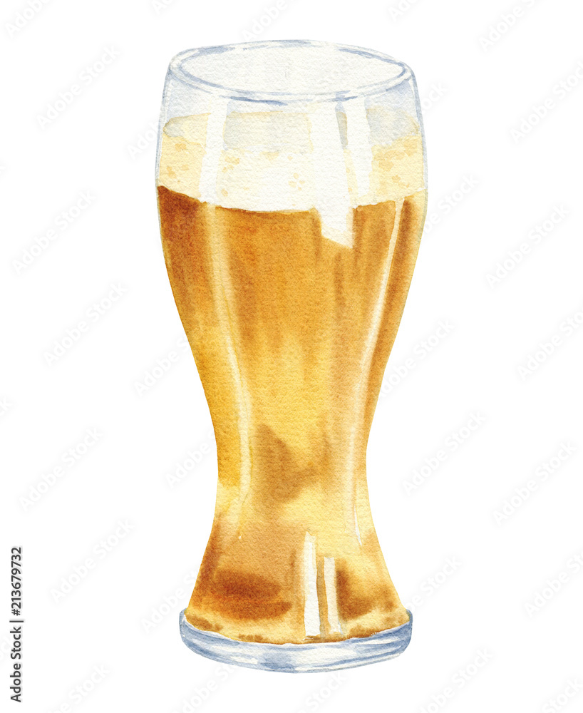 Hand drawn watercolor glass of beer, realistic illustration isolated on white background. Drink