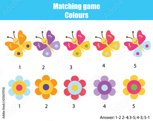 Educational children game. Matching game worksheet for kids. Match by color. Find pairs of butterflies and flowers